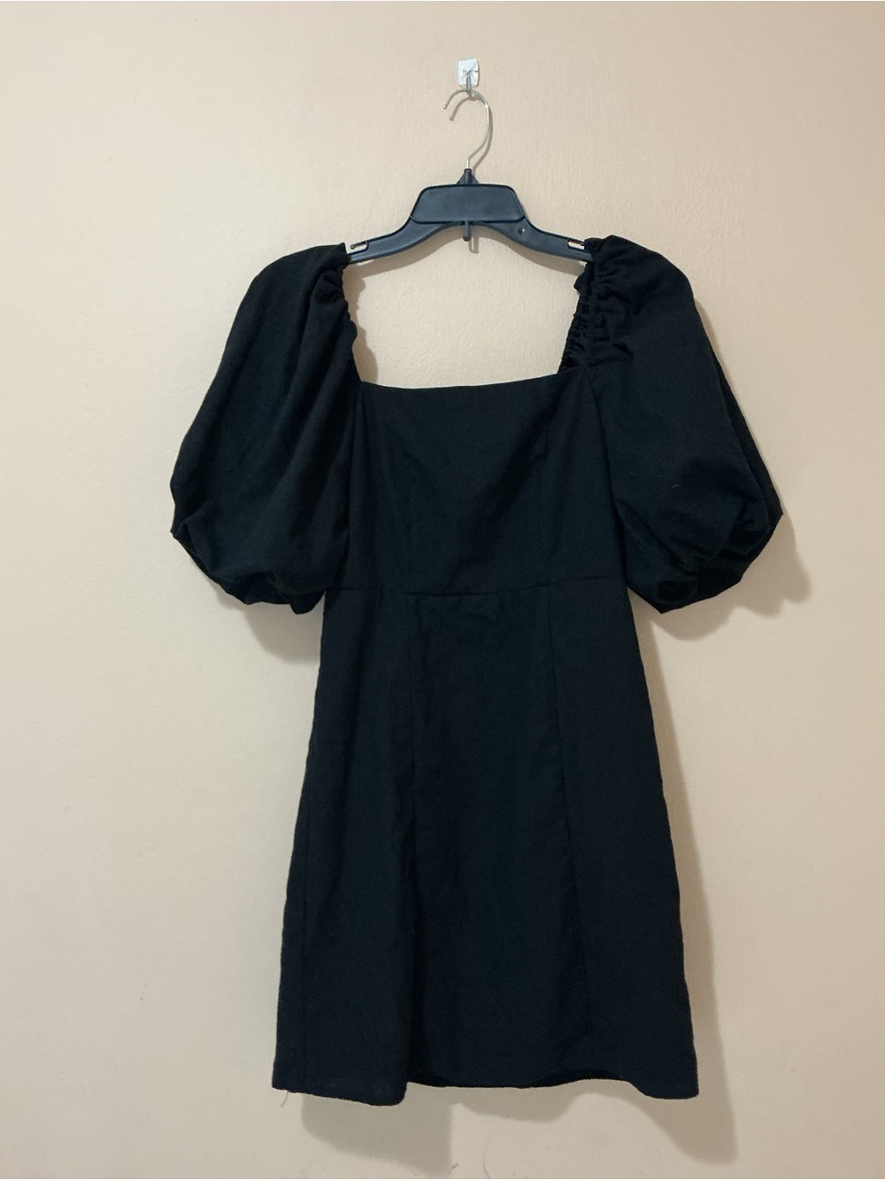 miami Black Linen Blend Puff-Sleeve Square Neck Mini Dress